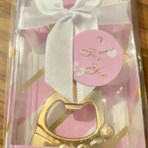 Gold Tone Bottle Opener with White Ribbon, Baby Girl, Party Favor, Keychain